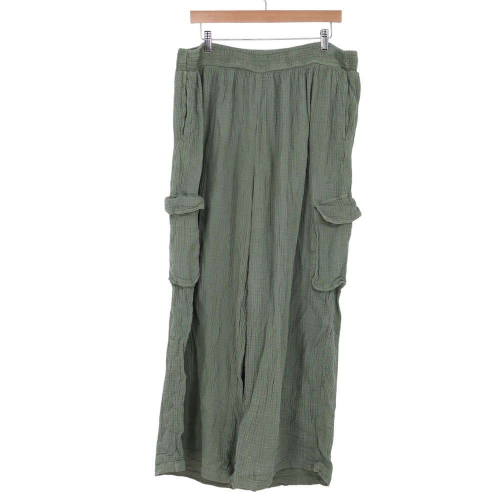 Aerie Pants Womens XL Cargo Wide Leg Green Smocked Gauze Relaxed Excellent